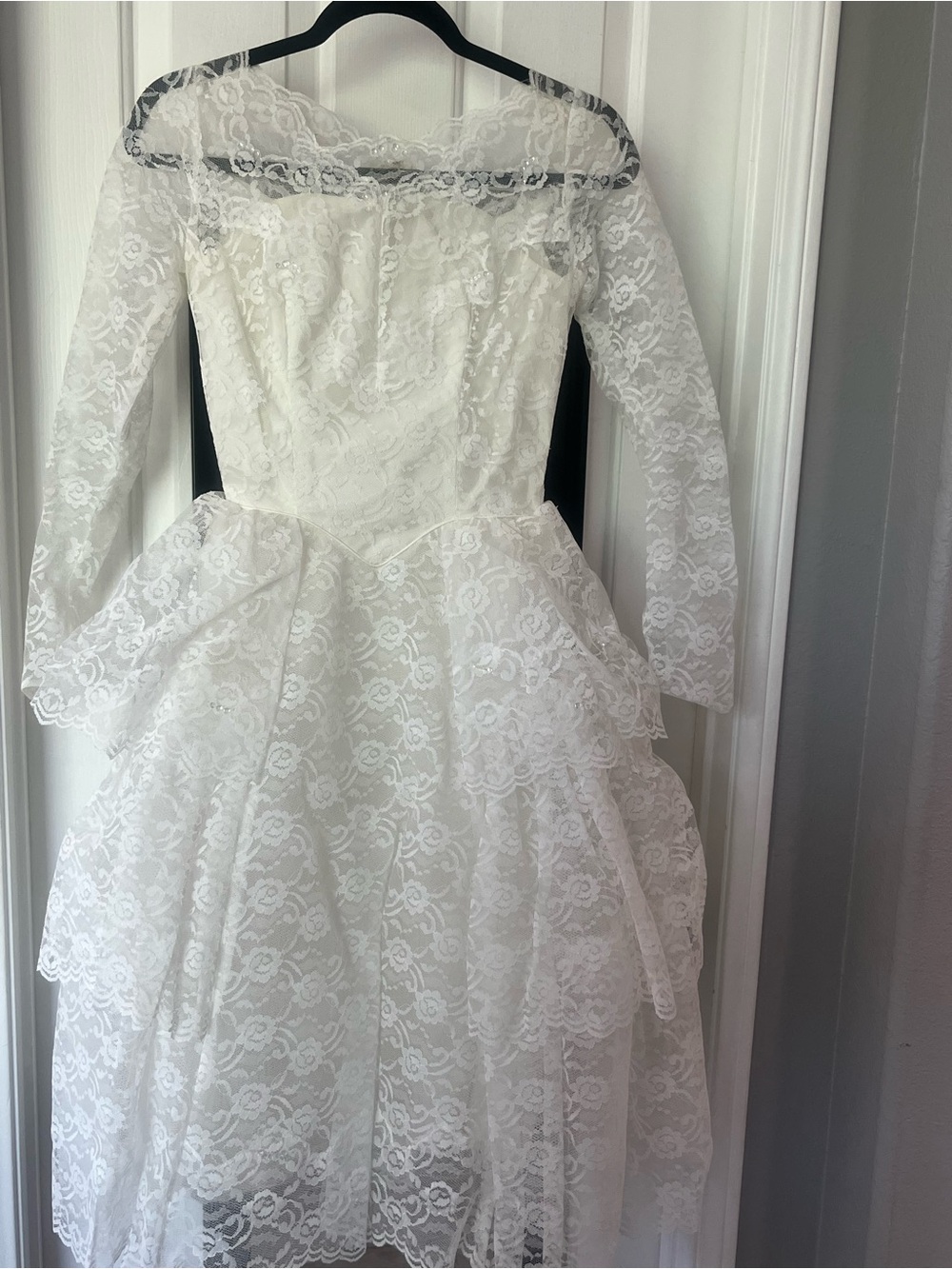 Vintage Ivory Lace Long-Sleeve Fit-and-Flare wedding Dress- 1965